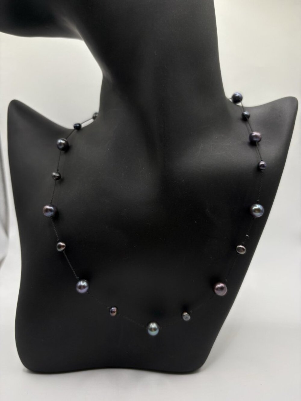 Black Peacock Floating Pearl Beaded Necklace Sterling Silver Clasp 925 Formal